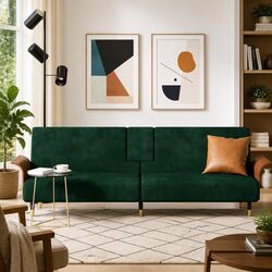 Green Velvet Sofa Bed with USB Charging Options