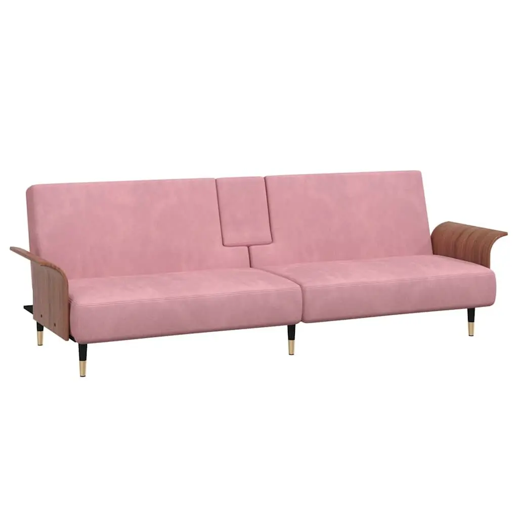 Sofa Bed Pink Velvet with Foldable Tea Table Adjustable Backrest and Cup Holders