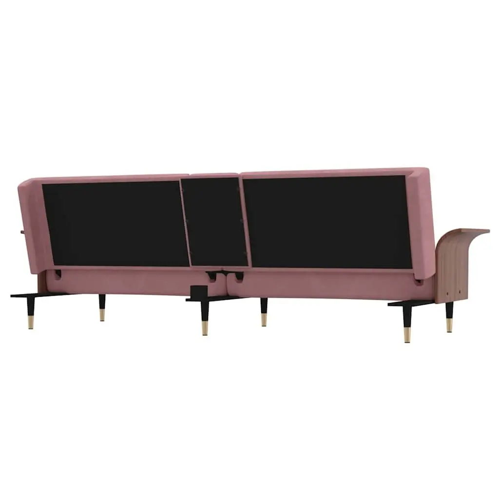 Sofa Bed Pink Velvet with Foldable Tea Table Adjustable Backrest and Cup Holders