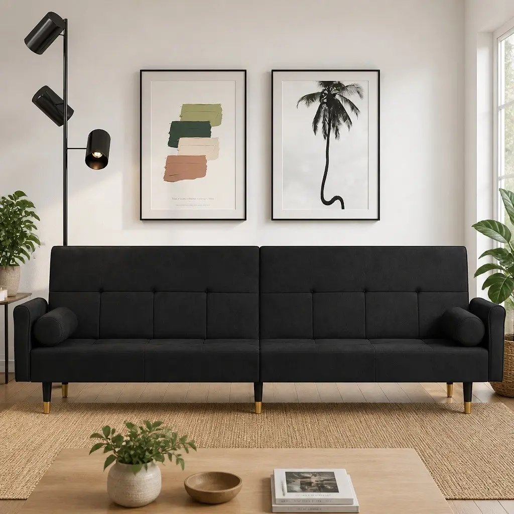 Sofa Bed Black Velvet Adjustable Backrest Cushioned Support Guest Sleeper Couch