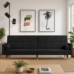 Sofa Bed with Cushions Black Velvet Adjustable Backrest Sleeper Couch Guest Bed