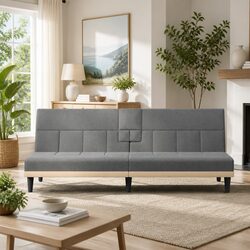 Sleek Grey Fabric Sofa Bed with Tea Table & USB Charging