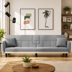 Grey Sofa Bed with Integrated Cup Holders