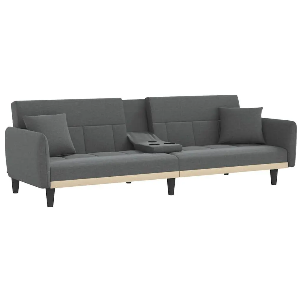 Sofa Bed Grey Fabric Foldable Tea Table Adjustable Backrest with Cup Holders