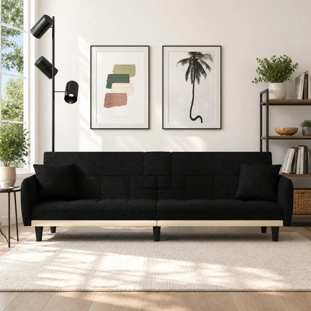 Sofa Bed Black Fabric Adjustable Backrest with Tea Table Cup Holders USB Charging Ports
