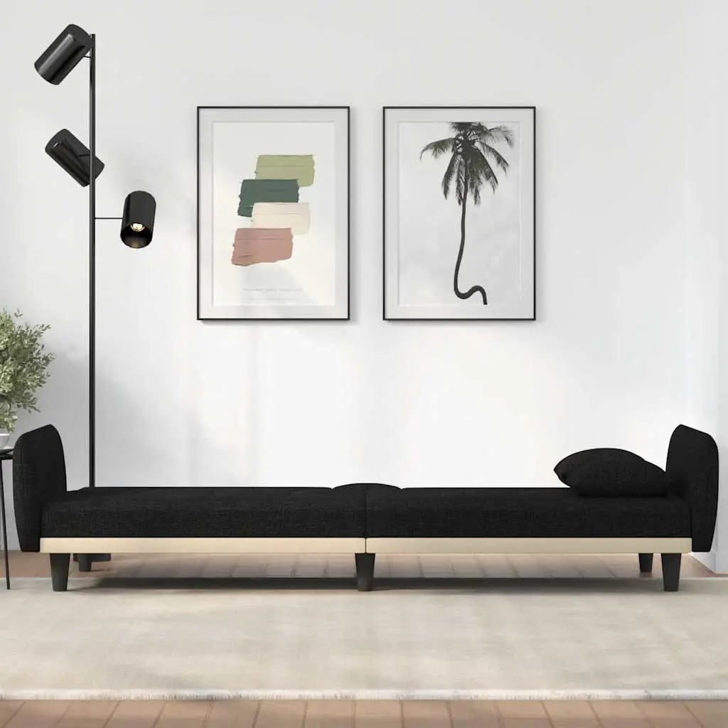 Sofa Bed Black Fabric Adjustable Backrest with Tea Table Cup Holders USB Charging Ports