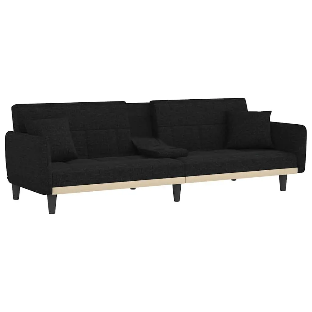Sofa Bed Black Fabric Adjustable Backrest with Tea Table Cup Holders USB Charging Ports