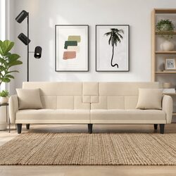 Cream Sofa Bed with Adjustable Backrest and Integrated Tea Table