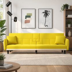 Sofa Bed with Adjustable Backrest Cup Holders USB Ports Yellow Fabric Sleeper