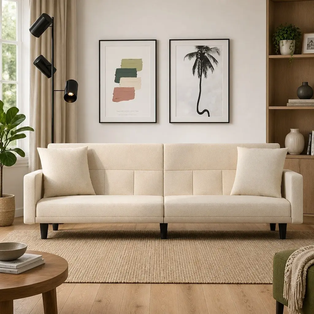 Cream Fabric Sofa Bed Adjustable Backrest Sleeper Couch with Cushions