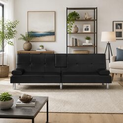 Black Faux Leather Sofa Bed with USB Ports and Comfort