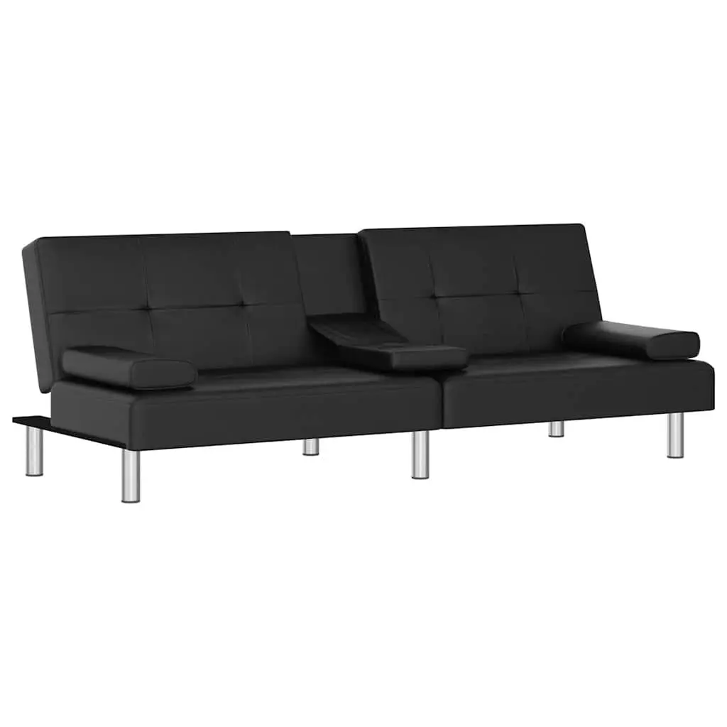 Adjustable Backrest Sofa Bed Black Faux Leather with Cup Holders and USB Ports