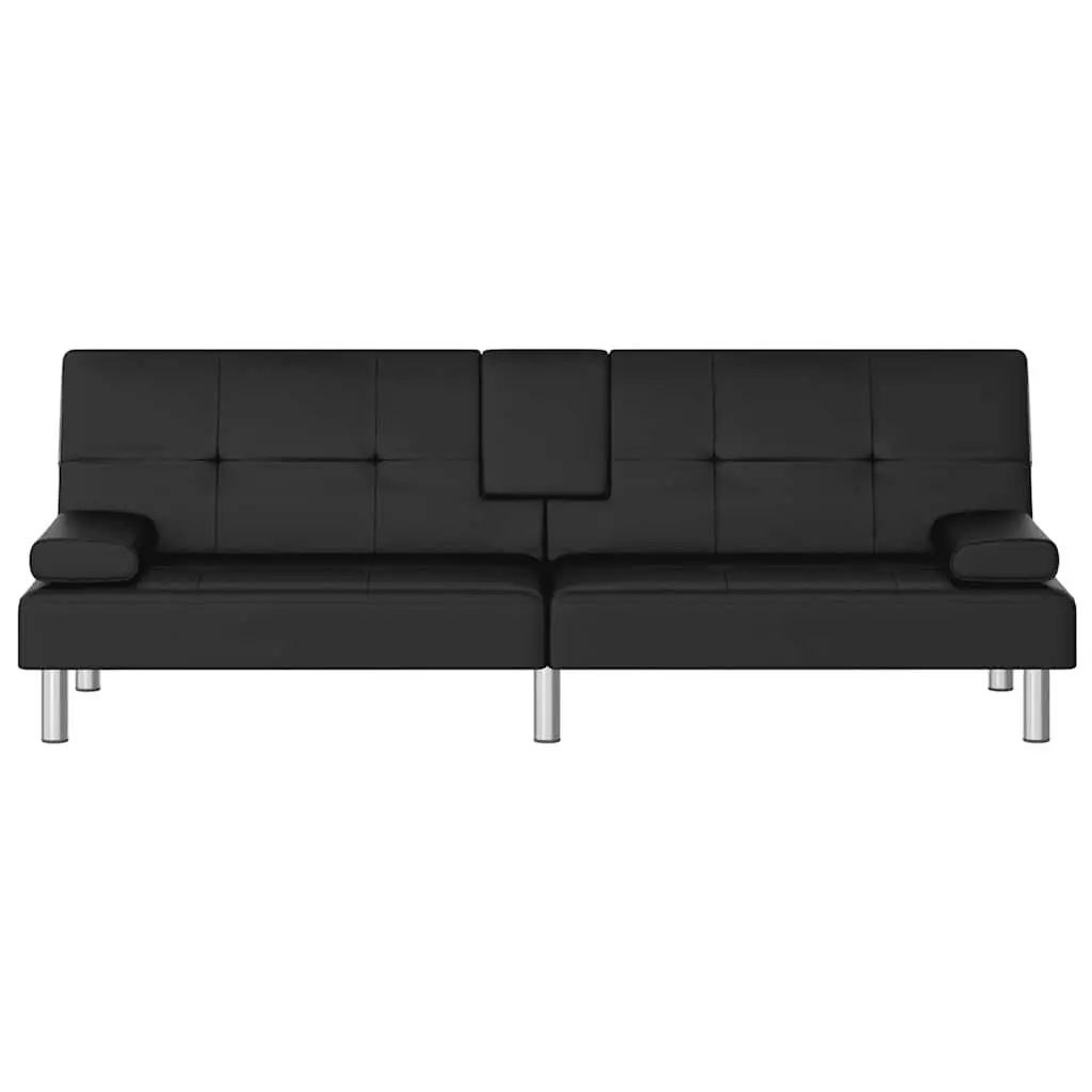 Adjustable Backrest Sofa Bed Black Faux Leather with Cup Holders and USB Ports