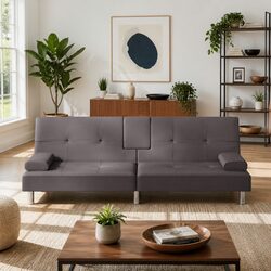 Sofa Bed Grey Faux Leather with Cup Holders Adjustable Backrest Recliner Couch