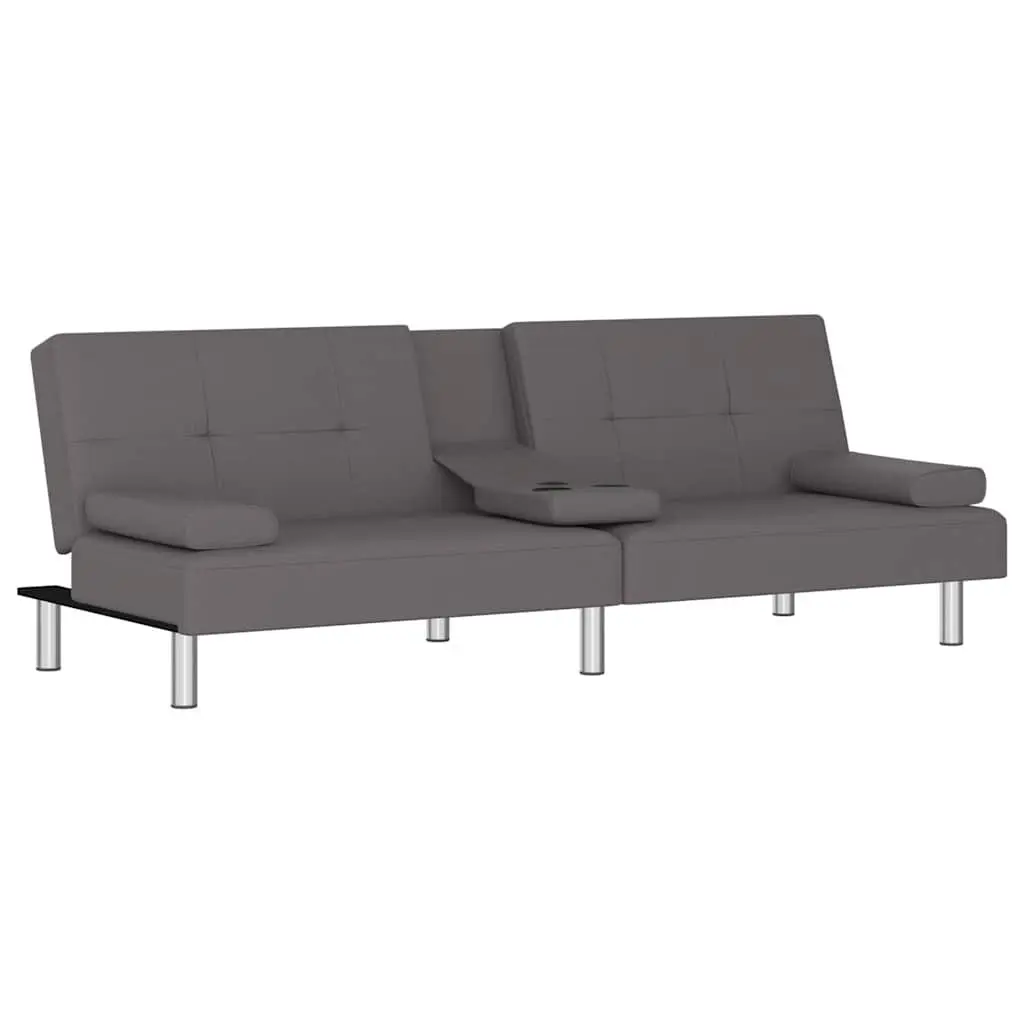 Sofa Bed Grey Faux Leather with Recliner Adjustable Backrest Cup Holders and Foldable Tea Table
