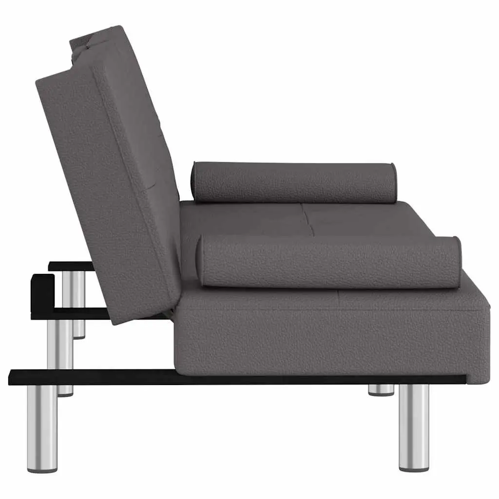 Sofa Bed Grey Faux Leather with Recliner Adjustable Backrest Cup Holders and Foldable Tea Table