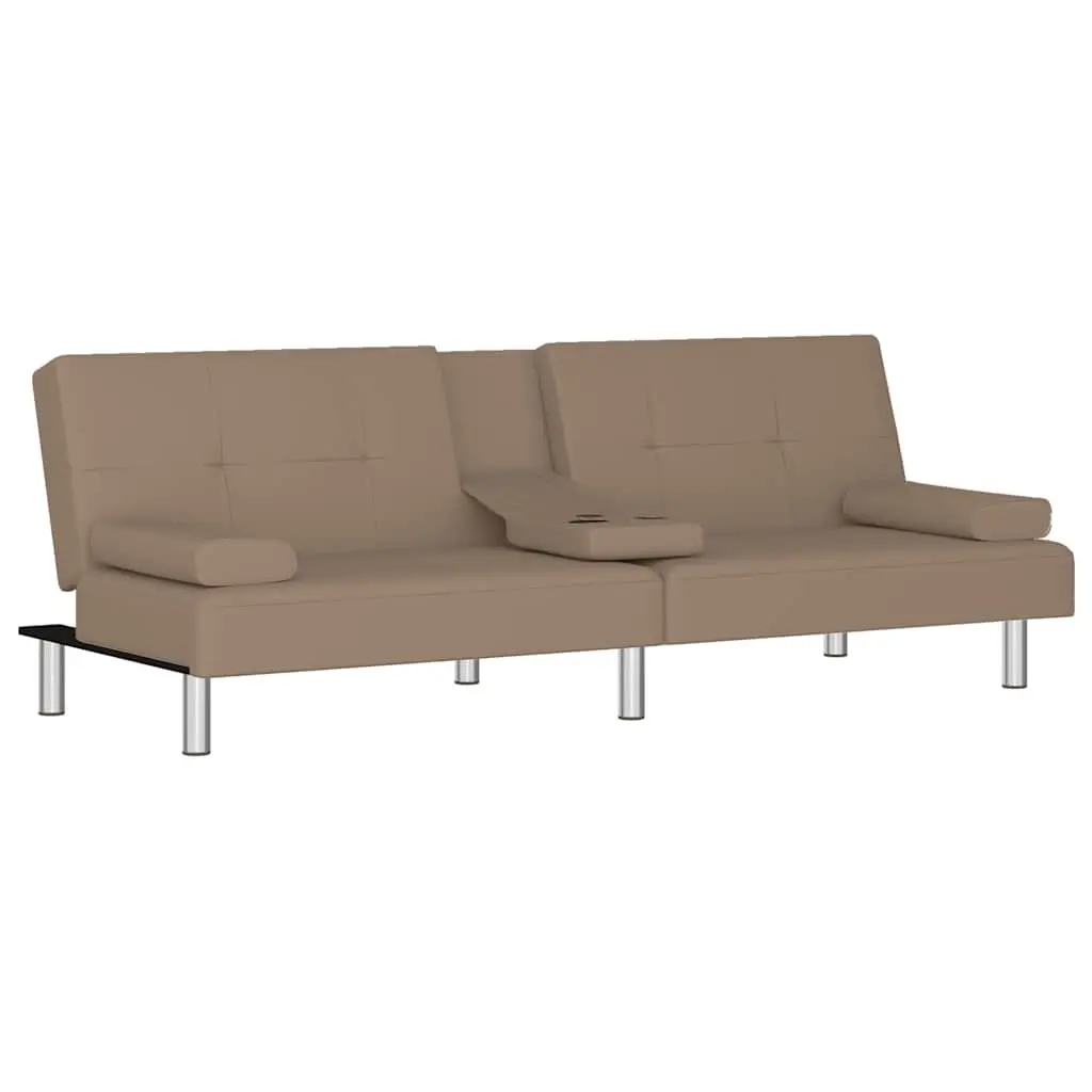 Sofa Bed Brown Adjustable Backrest Faux Leather with Cup Holders and USB Charging Ports