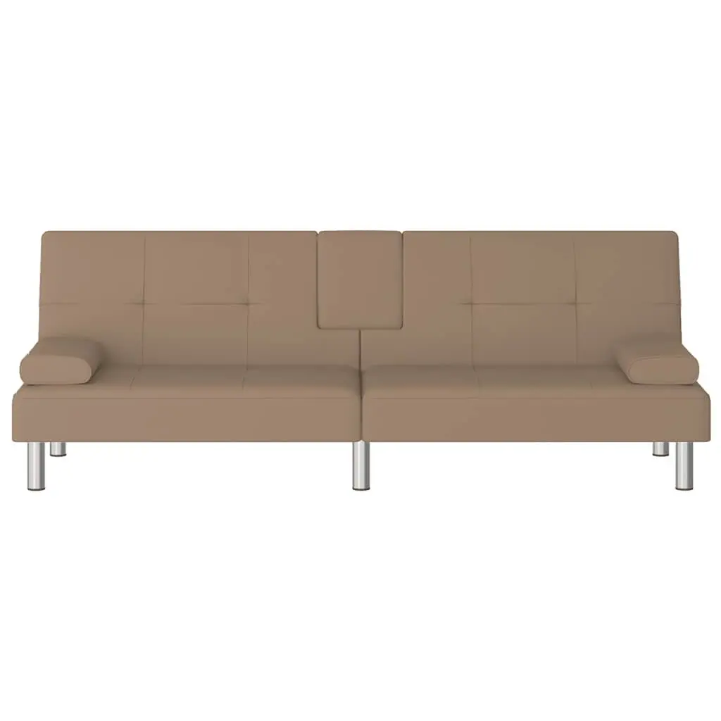 Sofa Bed Brown Adjustable Backrest Faux Leather with Cup Holders and USB Charging Ports
