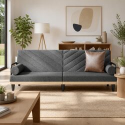 Sofa Bed with Armrests Grey Fabric Adjustable Backrest Sleeper Couch Guest Bed