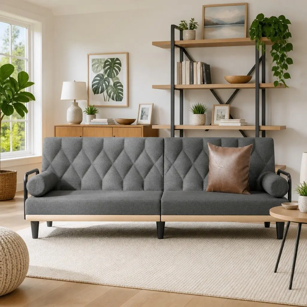 Sofa Bed with Armrests Grey Fabric Adjustable Backrest Sleeper Couch Guest Bed