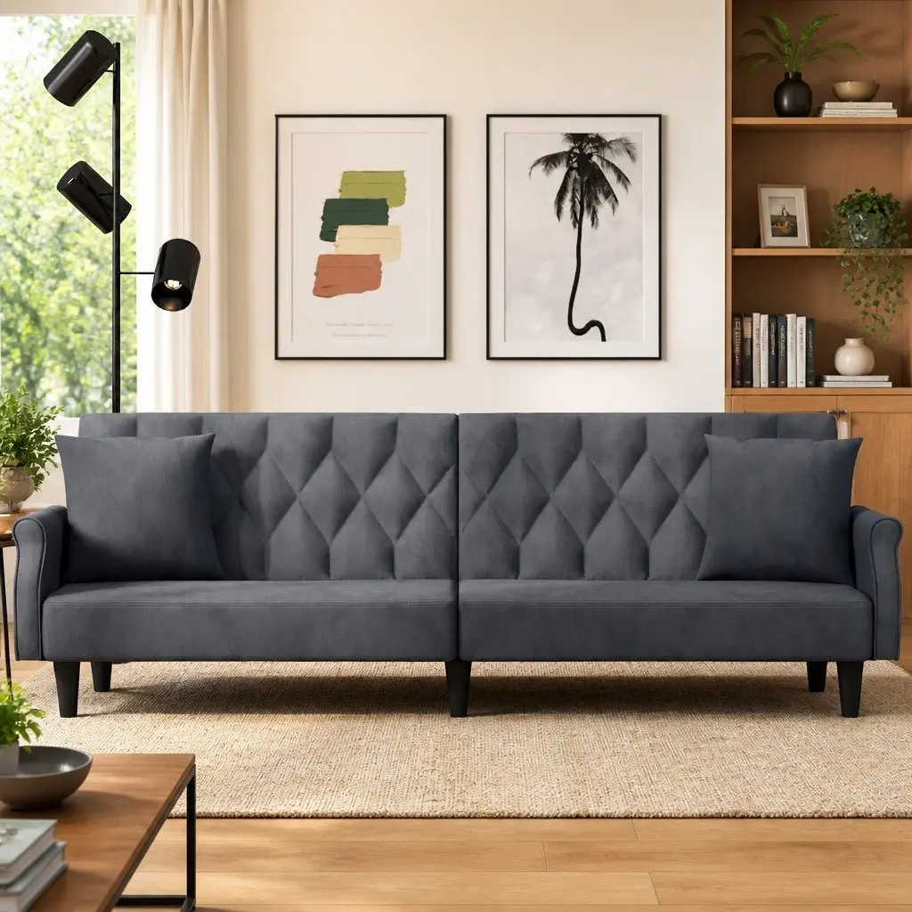 Adjustable Backrest Sofa Bed Grey Velvet with Armrests and Decorative Pillows