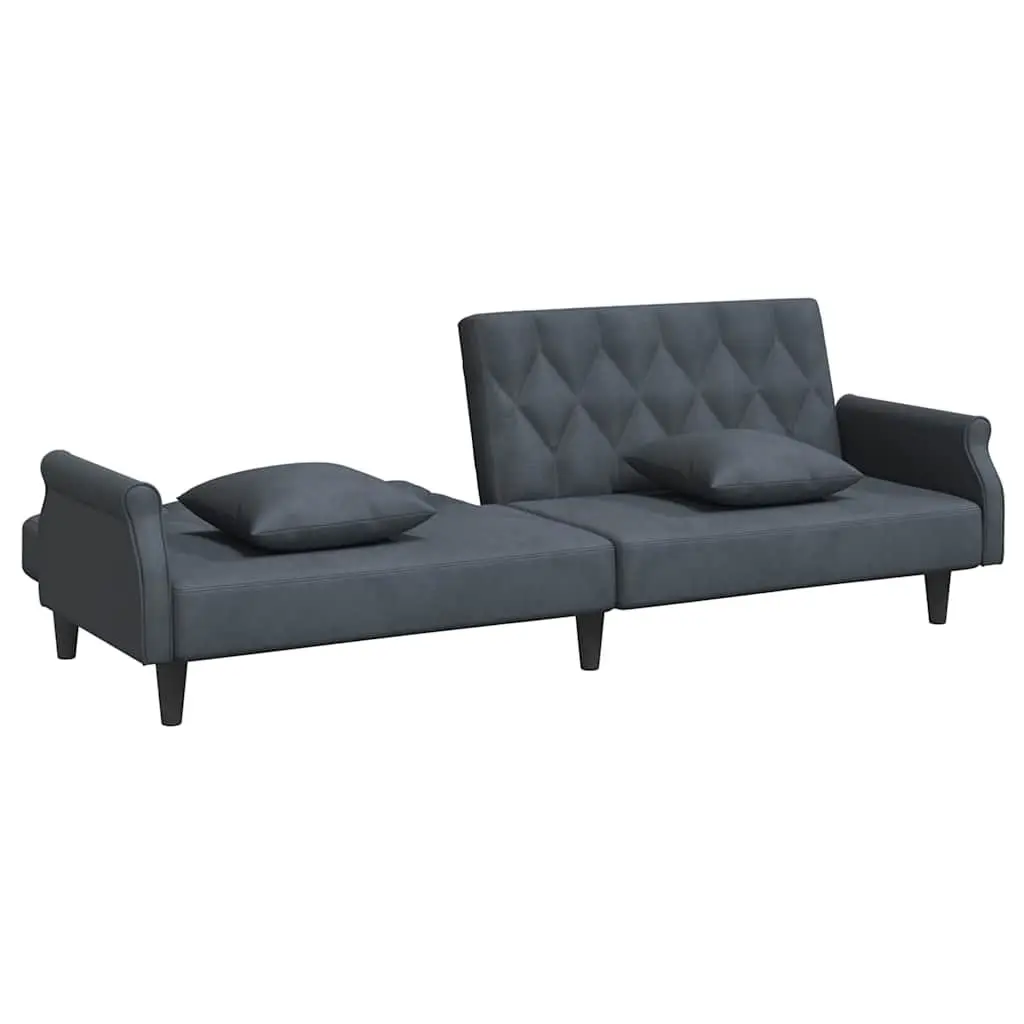 Adjustable Backrest Sofa Bed Grey Velvet with Armrests and Decorative Pillows