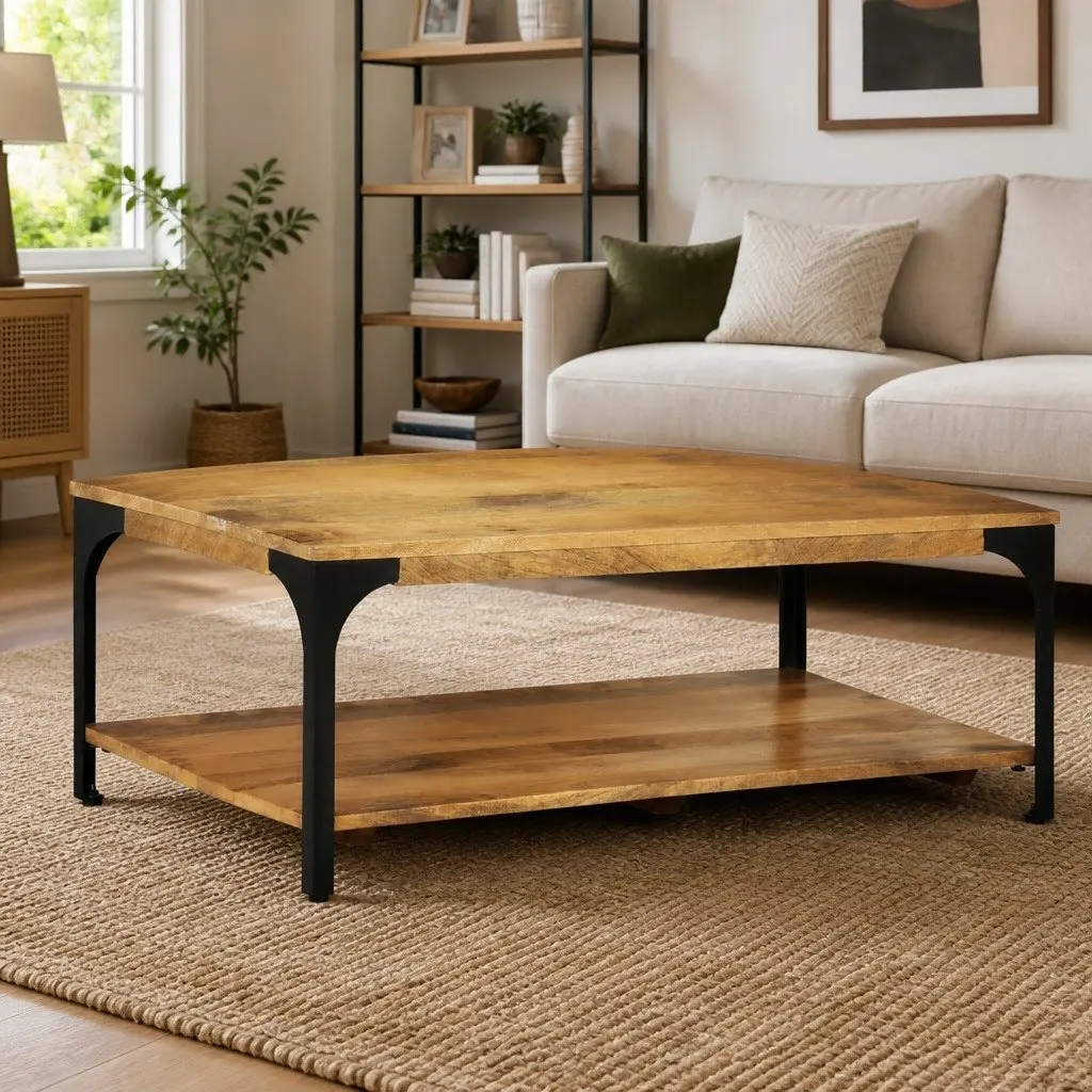 Coffee Table Brown 2-Layer Solid Wood Mango Steel Frame Living Room Storage
