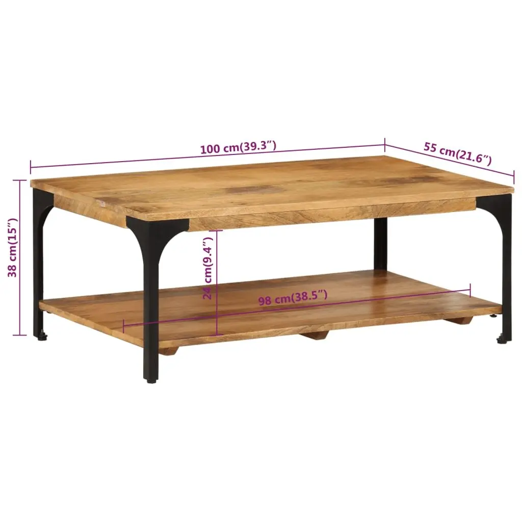 Coffee Table Brown 2-Layer Solid Wood Mango Steel Frame Living Room Storage