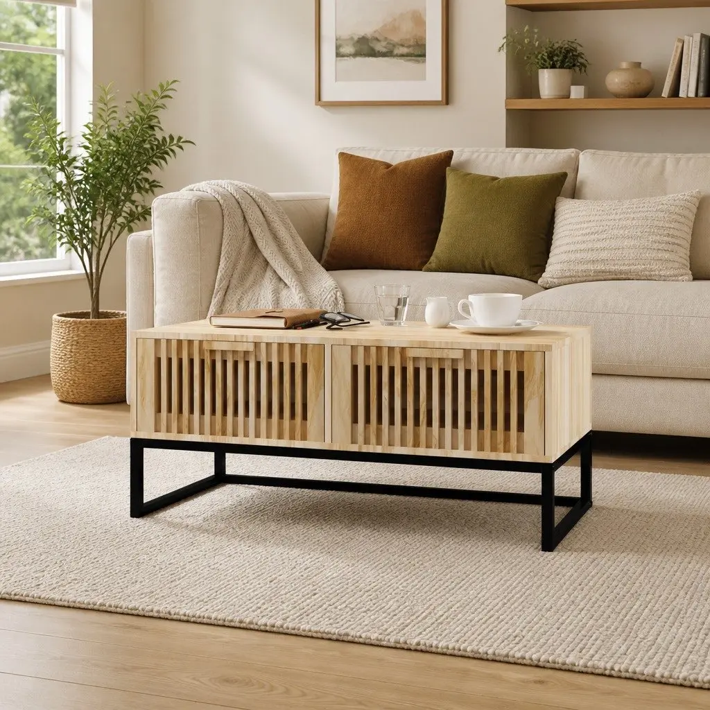 Coffee Table Brown Engineered Wood with Storage Drawers Modern Living Room Furniture