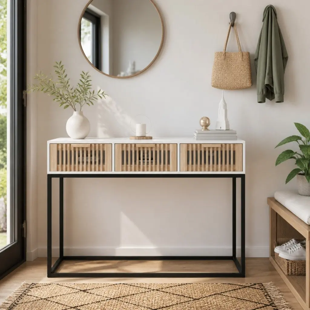 White Console Table 105x30x75cm with 3 Drawers for Hallway Accent Storage