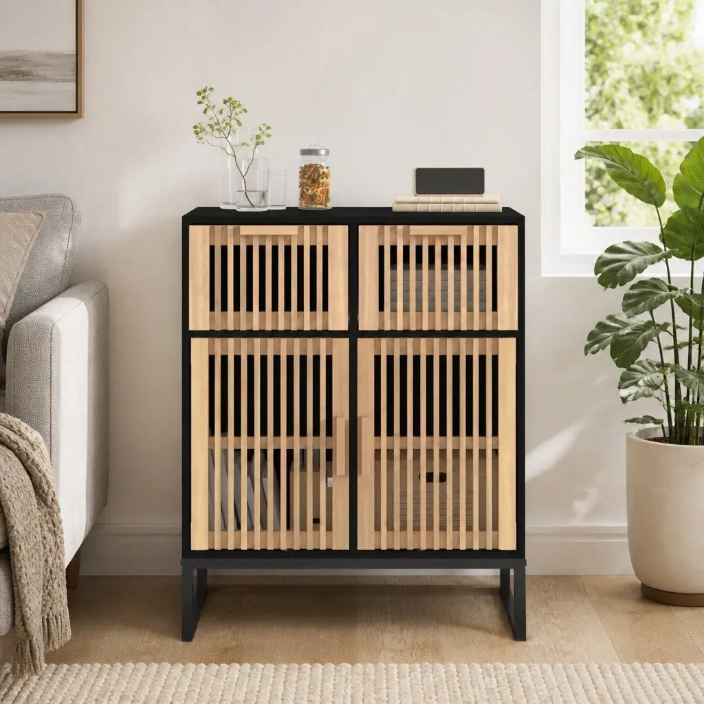 Black Sideboard Cabinet Engineered Wood 60x30x75cm Storage with Wooden Doors and Drawers