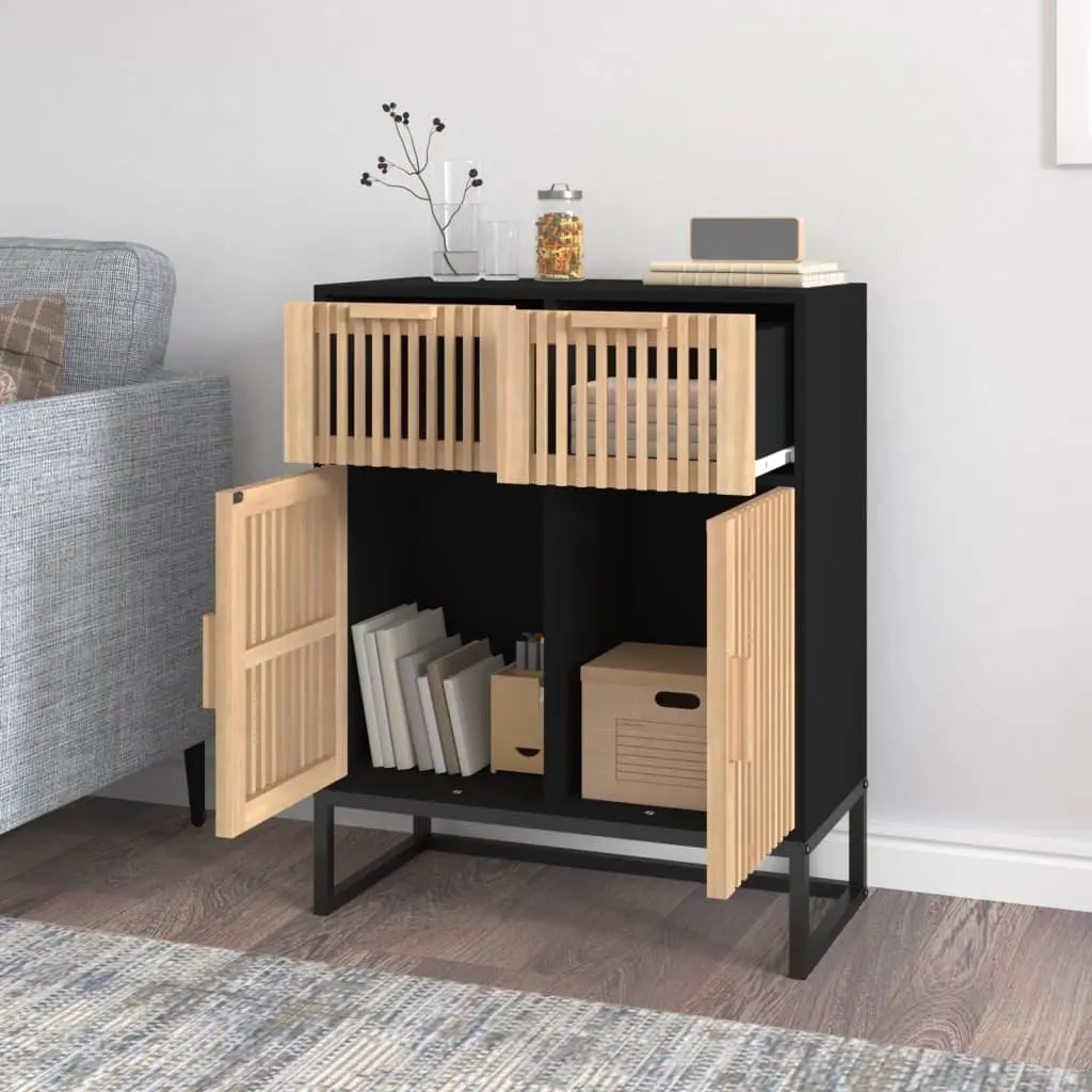 Black Sideboard Cabinet Engineered Wood 60x30x75cm Storage with Wooden Doors and Drawers