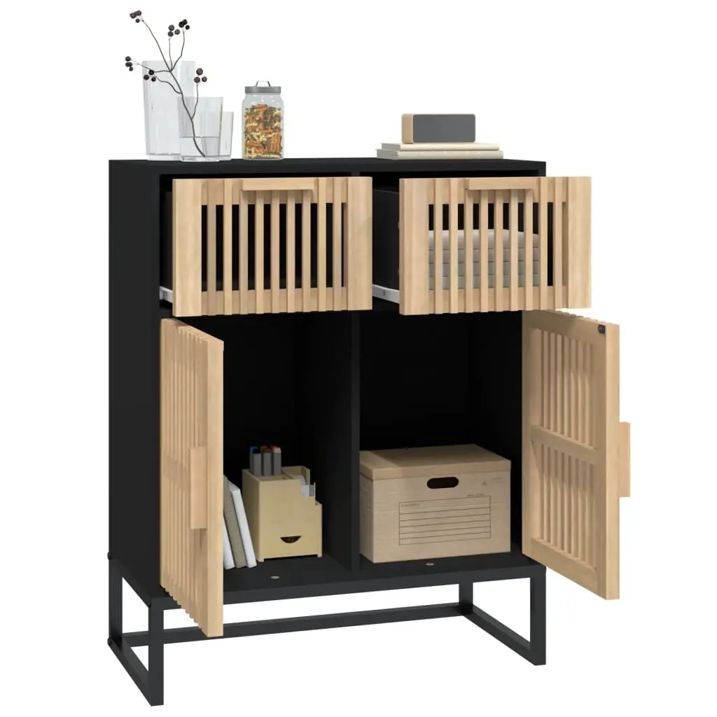 Black Sideboard Cabinet Engineered Wood 60x30x75cm Storage with Wooden Doors and Drawers