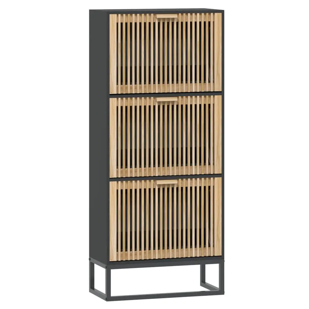 Shoe Organiser Black Engineered Wood Display Unit with Ample Storage and Stable Iron Legs 52W x 25D x 120H cm