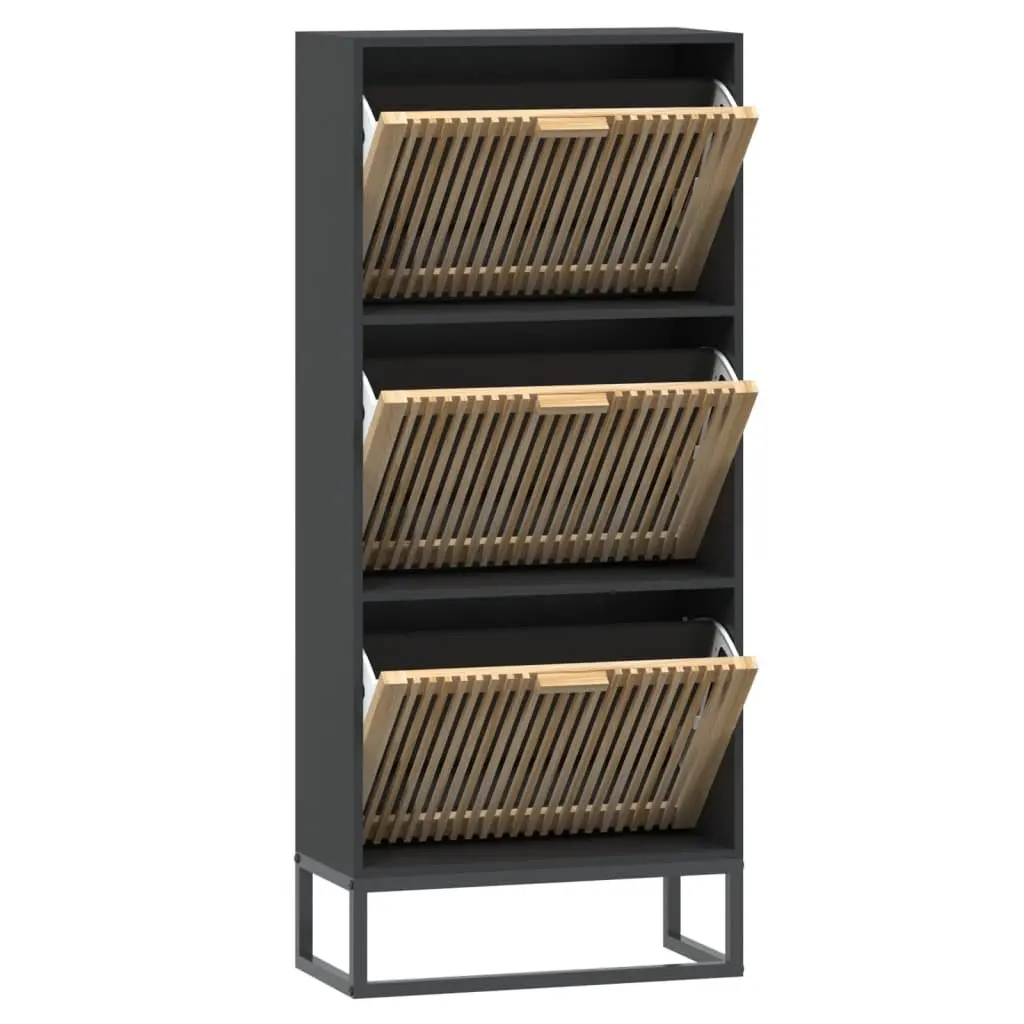 Shoe Organiser Black Engineered Wood Display Unit with Ample Storage and Stable Iron Legs 52W x 25D x 120H cm