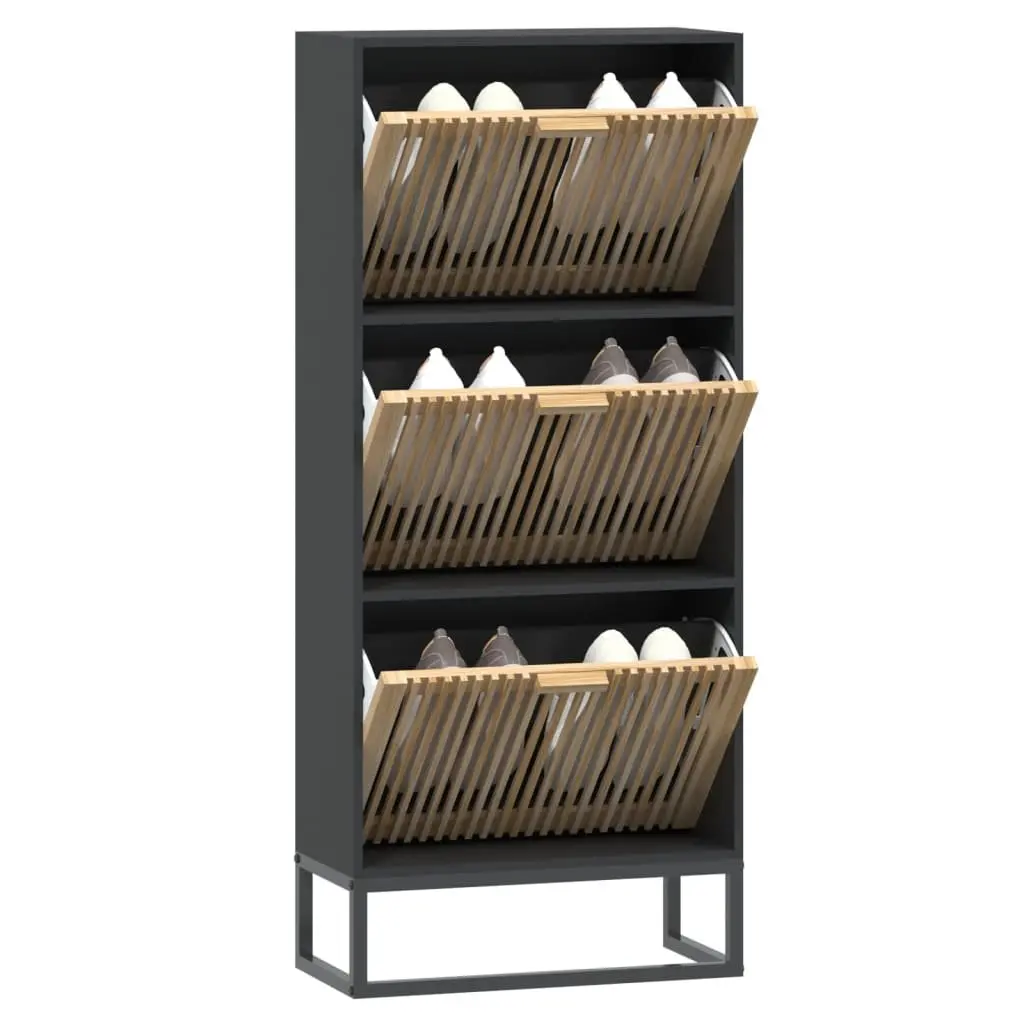 Shoe Organiser Black Engineered Wood Display Unit with Ample Storage and Stable Iron Legs 52W x 25D x 120H cm