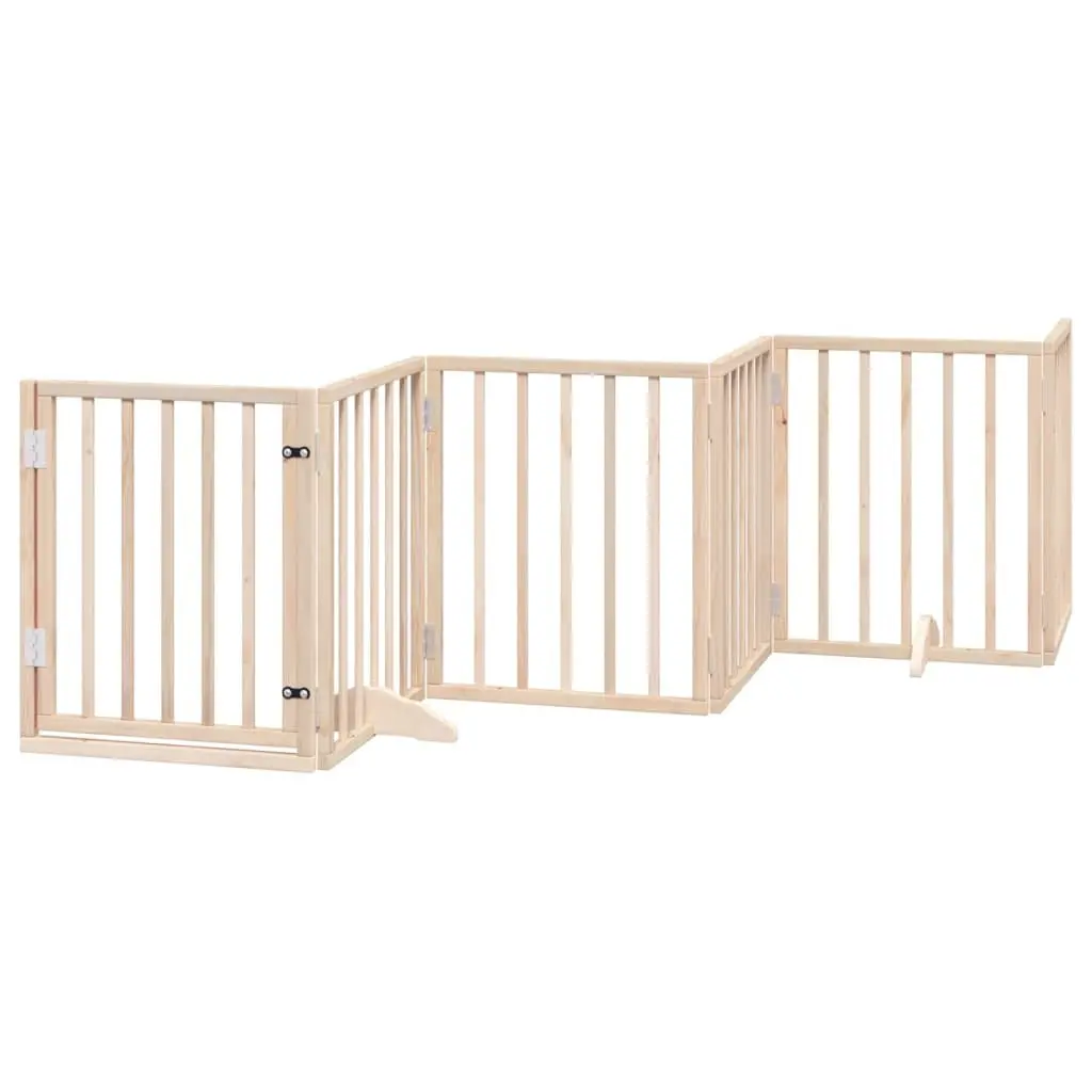 Dog Gate Brown 6 Panel Foldable Poplar Wood Pet Barrier with Door Lock Safety Indoor