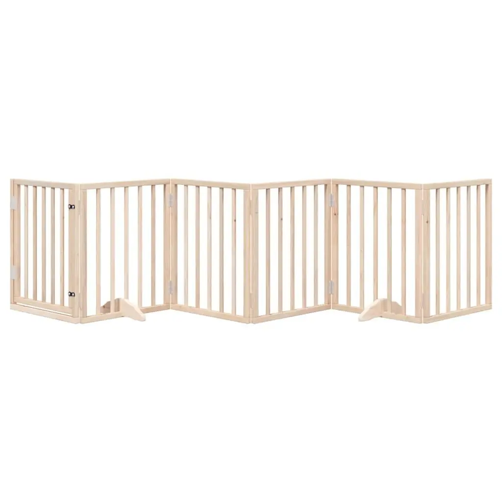 Dog Gate Brown 6 Panel Foldable Poplar Wood Pet Barrier with Door Lock Safety Indoor