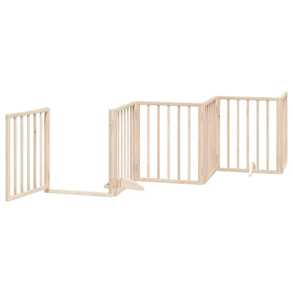 Dog Gate Brown 6 Panel Foldable Poplar Wood Pet Barrier with Door Lock Safety Indoor
