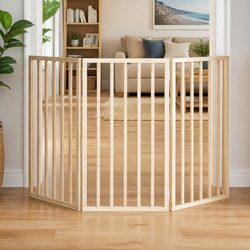 Dog Gate Foldable 3 Panels 150cm Brown Poplar Wood Pet Safety Barrier