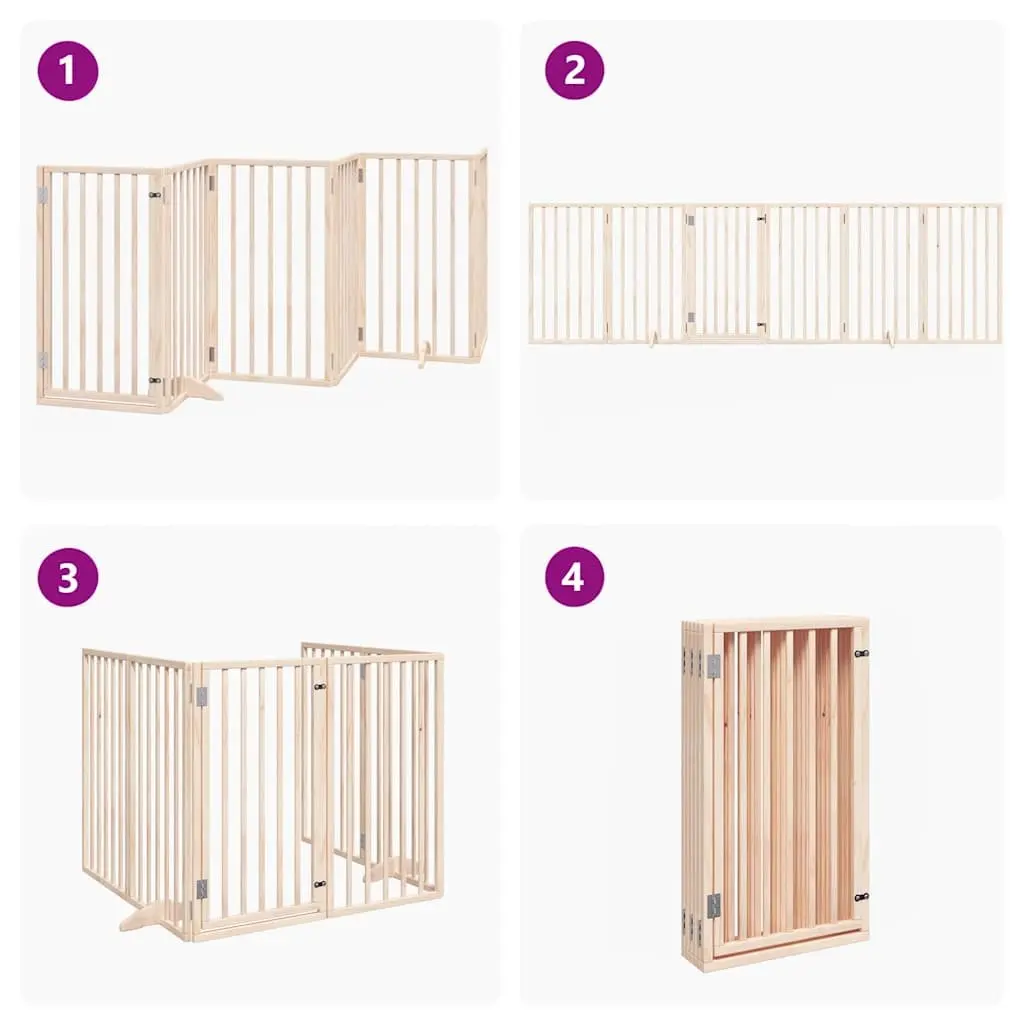Dog Gate Brown 6 Panels Foldable Poplar Wood Safety Enclosure with Door