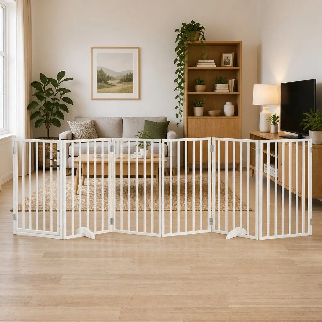 Dog Gate White 6 Panels Foldable Poplar Wood Safety Barrier Enclosure