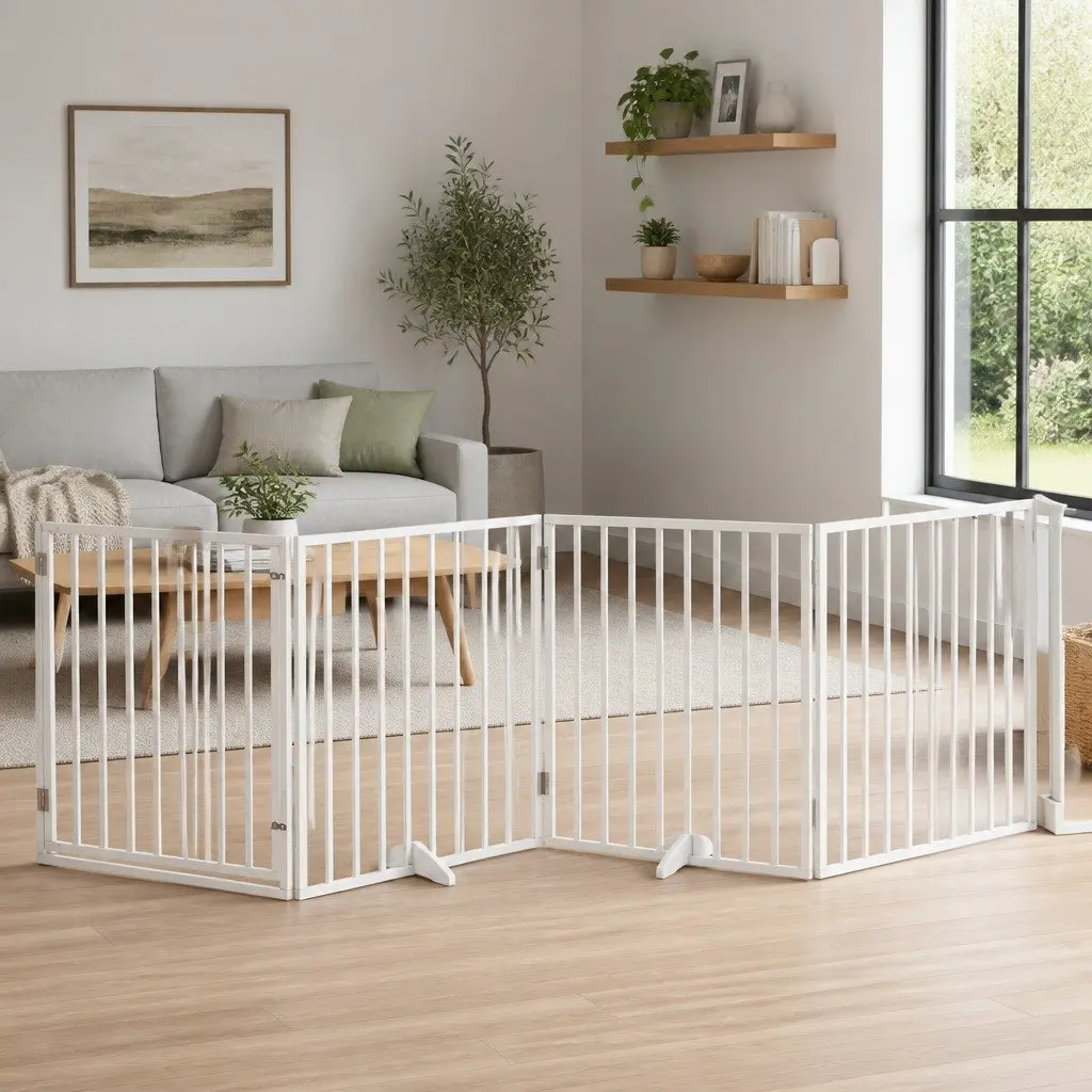 Dog Gate White 4 Panels Foldable Poplar Wood Pet Safety Barrier Door Enclosure