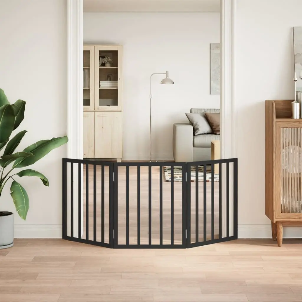 Dog Gate Black 150cm Foldable 3 Panels Poplar Wood Pet Safety Barrier