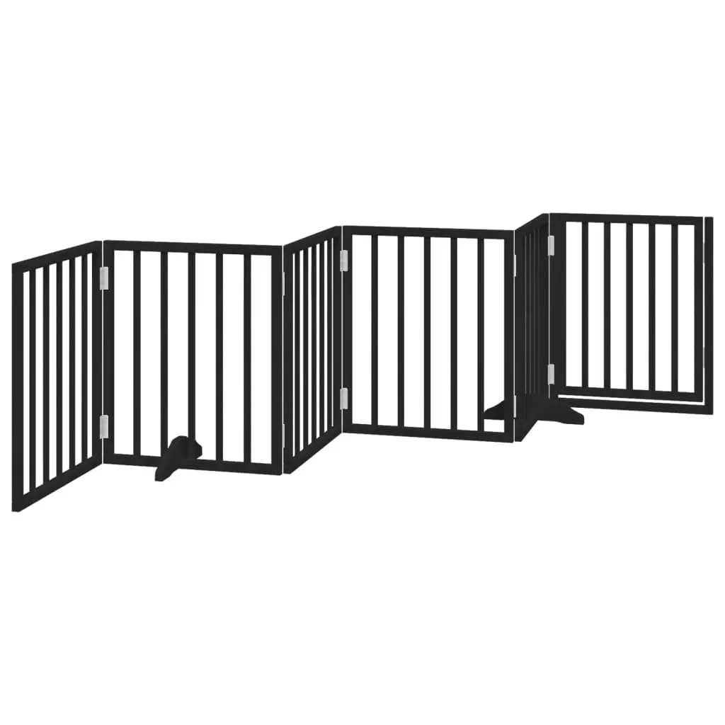 Dog Gate Black 6 Panels Foldable Poplar Wood Pet Safety Barrier