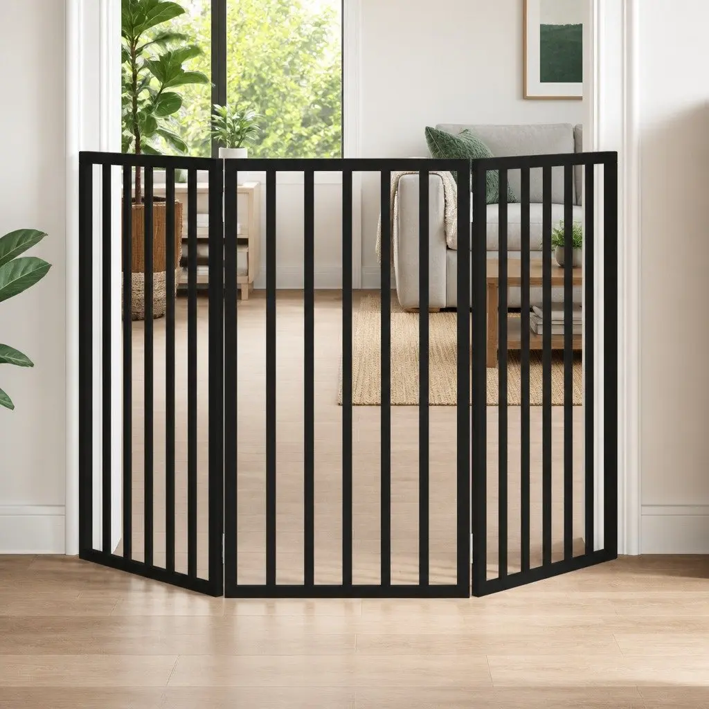 Dog Gate Black 3 Panels Foldable 150 cm Pet Safety Barrier Poplar Wood