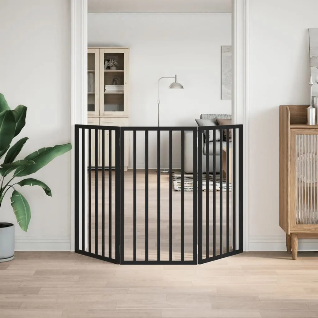 Dog Gate Black 3 Panels Foldable 150 cm Pet Safety Barrier Poplar Wood