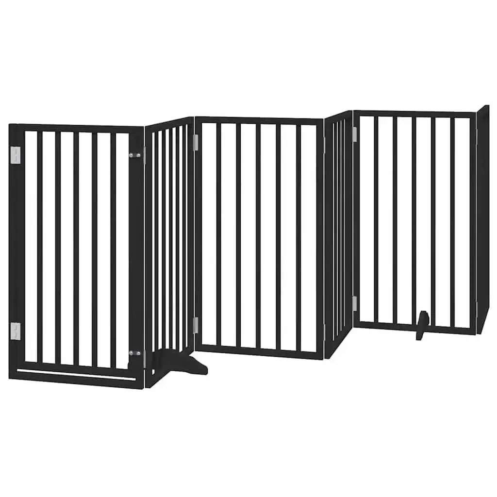 Dog Gate Black 6 Panels Foldable Poplar Wood Pet Safety Barrier