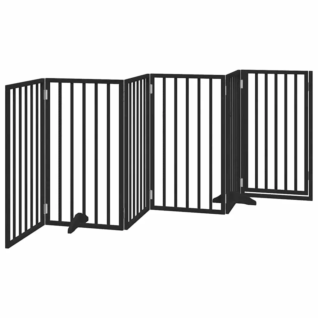 Dog Gate Black 6 Panels Foldable Poplar Wood Pet Safety Barrier