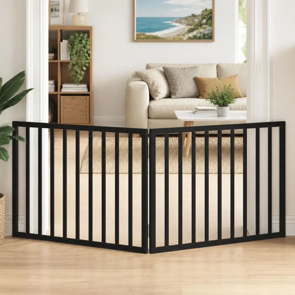 Dog Gate Black 160cm Foldable 2 Panels Poplar Wood Pet Safety Barrier